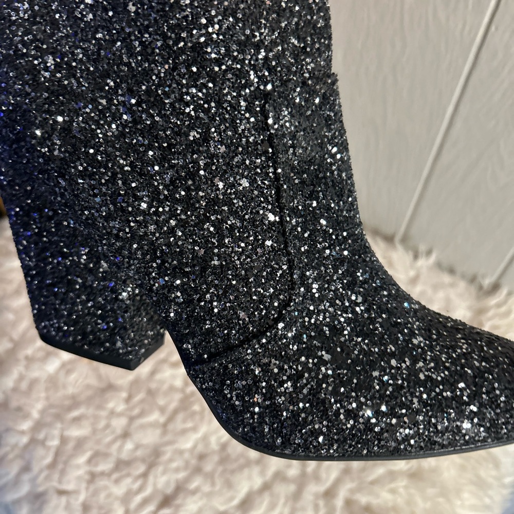 Black Glitter Chunky Heel Booties - Picture 7 of 10